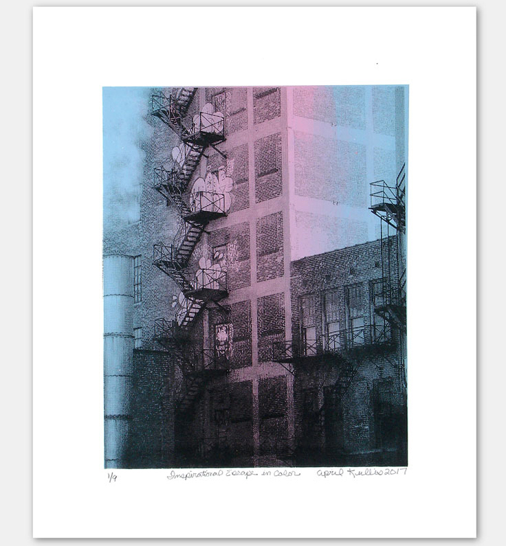Exclusive Urban Pink and Blue Fire Escape Silk Screen Art Print available at https://www.aprilkullis.com/print.html